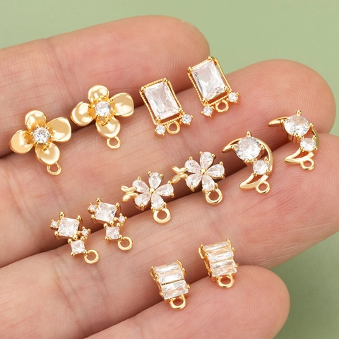DIY Earring Findings Connectors 18K Gold Plated Copper Cubic Zirconia Flower Moon Geometric Pendants For Jewelry Making