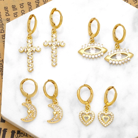 European Fashion Copper Cross Evil Eye Moon Heart Drop Earrings For Women Gold Plated Rhinestone Pave Dangle Earrings Jewelry
