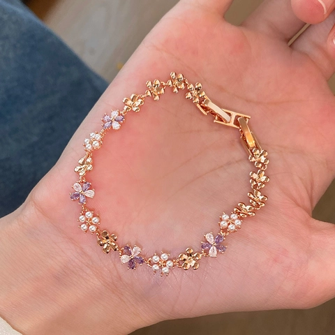 Bracciale A Fiore Oro Rosa Con Zircone Viola E Imitazione Perla Artificial Gioielli Da Mano Floreali Eleganti E Dolci Per Donna