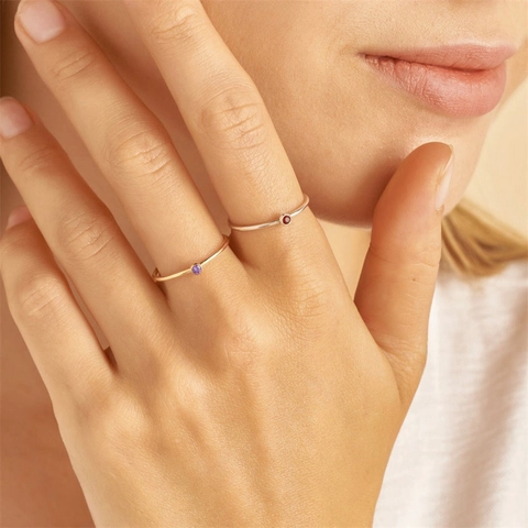 Minimalist Stainless Steel Birthstone Ring For Women 12 Months Birthday Stone Rhinestone Inlaid Thin Band Fashion Jewelry Gift