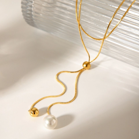 Collar De Perlas Artificiales En Forma De Y Acero Inoxidable Cadena De Serpiente Ajustable Largo Suéter Cadena Para Mujer