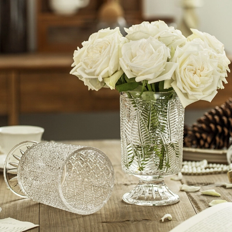 Florero De Vidrio Vintage Relieve Estampado Transparente Soporte Flores Para Sala Comedor Decoración Hogar
