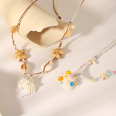 Starfish Natural Shell Pendant Necklace Bohemian Beach Ocean Style Beads Artificial Pearl Handmade Jewelry For Women