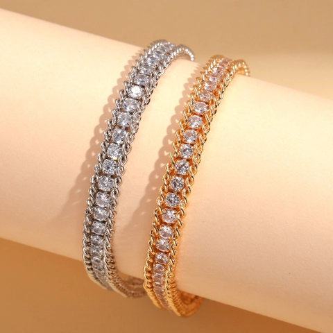 Elegant Copper Bracelet For Women Double Row White Zircon Inlay Braided Rope Chain Design Adjustable Fashion Jewelry Gift