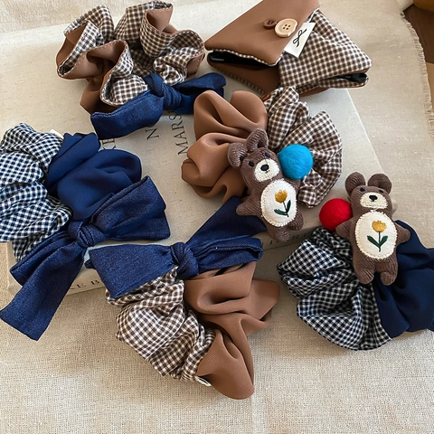 Elastico Per Capelli Con Fiocco E Fermaglio Tessuto A Quadri Denim Elastico Con Orsetto Di Peluche Retro