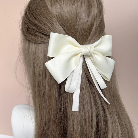 Grote Strik Haarclip Satijn Lint Elegant Frans Vintage Veerclip Hoofddeksel Voor Vrouwen