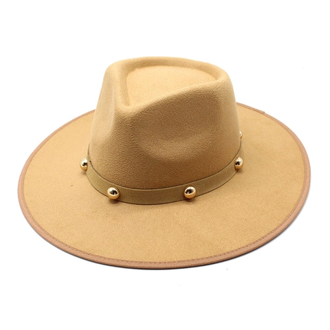 Vintage Wide Brim Fedora Hat Cotton Polyester Blend With Golden Metal Rivets Decorative Band Elegant Jazz Cap