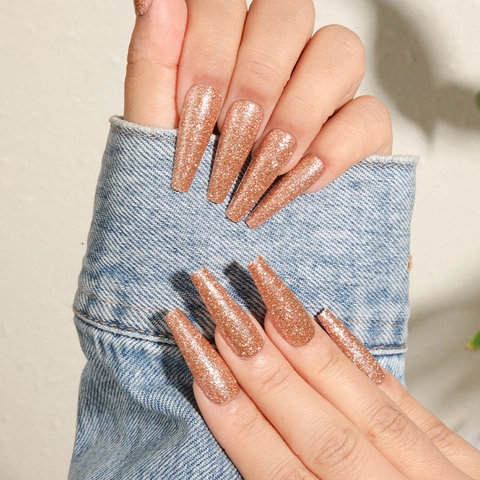 Long Coffin Press On Nails Rose Gold Glitter Full Cover Artificial False Nails Sparkly Champagne Gold DIY Manicure