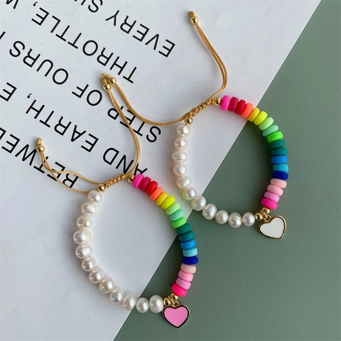 Natural Freshwater Pearl And Rainbow Heishi Beads Bracelet With Enamel Heart Pendant Adjustable Cord Handmade Jewelry