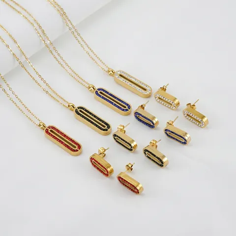 Roestvrijstalen Sieraden Voor Dames Ovale Holle Strass Hanger Ketting En Oorbellen Elegant 18K Verguld