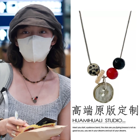 Vintage Spotted Stone Beaded Necklace With Button Pendant Silver Alloy Snake Chain Vacation Style Jewelry For Women
