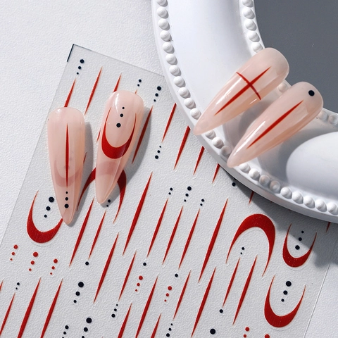 Autocollants Ongles Relief 5D Lignes Rouges Abstraites Points Noirs Décalcomanies Adhésives Minimalistes Décoration Manucure