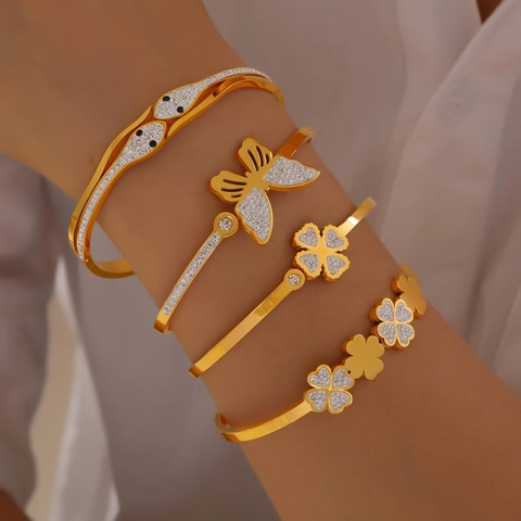 Elegant Gold Plated Stainless Steel Bangle Bracelet With Czech Diamond Butterfly Clover Snake Design For Women