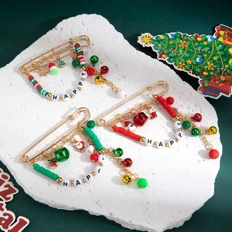 Broche Épingle De Noël Avec Pendentifs En Alliage De Zinc Cloches Et Perles De Lettres Happy Pour Décoration De Fête Femmes Rétro