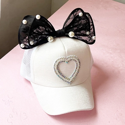 Cappello Da Baseball Bambini Ragazze Con Fiocco In Pizzo Perla Artificial Strass Cuore Rete Traspirante Cappello Sole Principessa