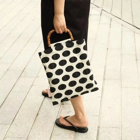 Double Layer Polka Dot Handbag With Bamboo Handle Canvas Fabric Tote Bag Vintage Retro Style Women Magnetic Closure