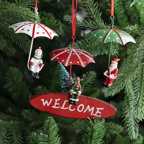 Christmas Hanging Ornaments Painted Metal Umbrella Santa Snowman Reindeer Welcome Sign Festive Tree Decoration Nordic Style