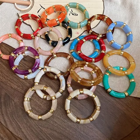 Acrylic Beaded Bangle Bracelet Vintage Geometric Resin Marble Texture Elastic Hand Ring With Metal Spacers For Women