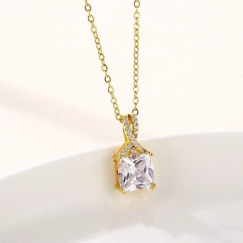 Square Zircon Pendant Necklace Stainless Steel Vacuum Gold Plated Geometric Micro Pave Minimalist Luxury For Women