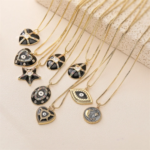Vintage Copper Pendant Necklace Black Enamel Evil Eye Heart Star Multi Color Cubic Zirconia Jewelry For Women