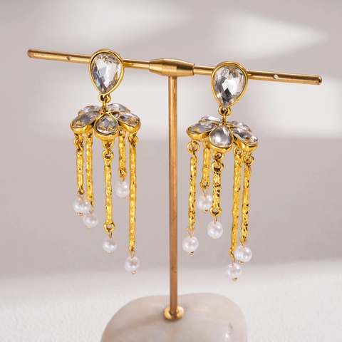 Pendientes Colgantes De Flor De Aleación Con Cristal De Gota Perla Artificial De Imitación Y Poste De Plata De Ley 925 Para Mujer