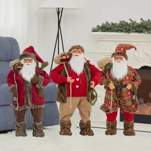 Standing Santa Claus Figurine Large Christmas Decoration For Home Window Display Fabric Faux Fur Traditional Nordic Style