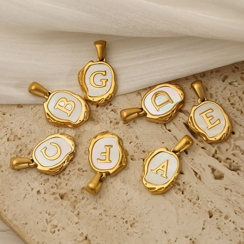 Initial Letter Pendant 304 Stainless Steel 18K Gold Plated Mother Of Artificial Pearl Inlay Alphabet Charm Irregular Lava Style