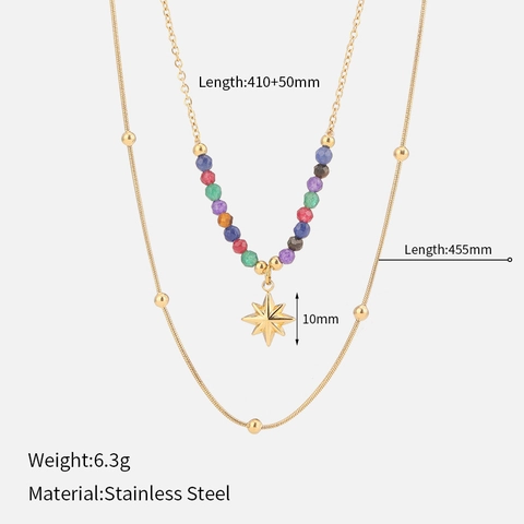 18K Gold Plated Stainless Steel Double Layer Necklace For Women With Octagram Star Pendant And Colored Rhinestone Beads Beaded Layering Jewelry