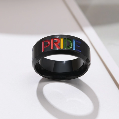 Men Black Matte Stainless Steel Band Ring Rainbow Pride Letters Enamel Fashion Jewelry Accessory