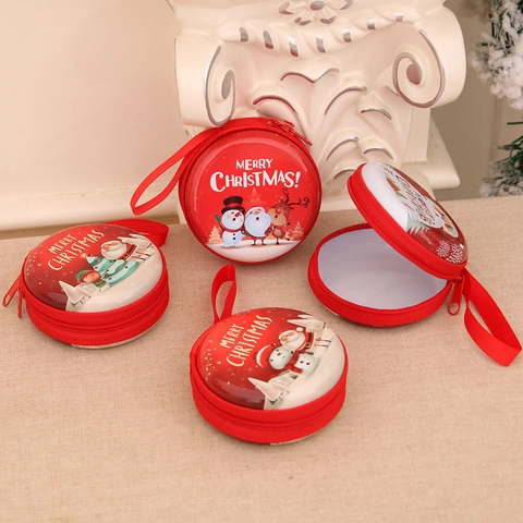 Portamonete Natale Rotondo Custodia Latta Cerniera Cordino Cartone Animato Babbo Natale Pupazzo Neve Regali Festa