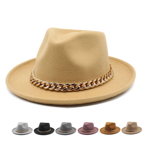 Fedora Hat For Women Men Wool Felt Wide Flat Brim With Gold Cuban Chain Decoration Jazz Style Autumn Winter Accessory