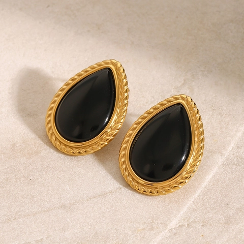 Retro Teardrop Black Stone Stud Earrings Stainless Steel Gold Plated Rope Border Hypoallergenic Jewelry For Women
