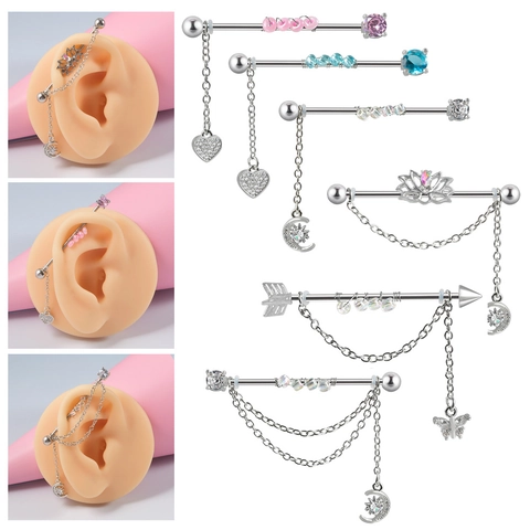 Roestvrijstalen Industriële Barbell Oorbellen Met Ketting Hart Maan Vlinder Hanger Cubic Zirconia Kralen Sieraden