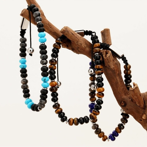 Beaded Bracelet Men Natural Stone Tiger Eye Lapis Lazuli Adjustable Rope Stainless Steel Magnetic Clasp Vintage Jewelry