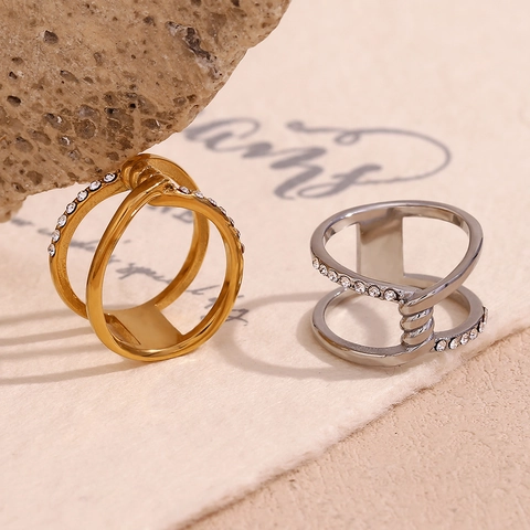 Stainless Steel Ring For Women Double Layer Intertwined Hollow Design With Rhinestone 18K Gold Plated Retro Fashion