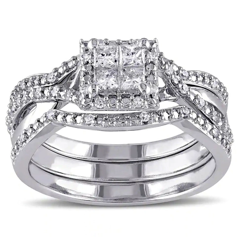 Luxury Princess Square Cluster Halo Ring Copper Zirconia Criss-Cross Twisted Band Silver Color Wedding Engagement Jewelry For Women