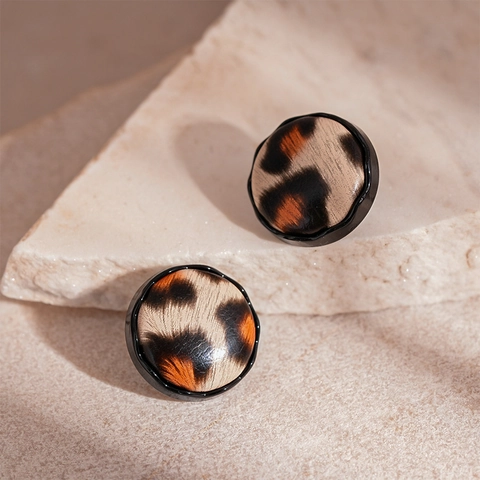 Pendientes De Botón Redondos Vintage Con Estampado De Leopardo Para Mujer Retro Geométrico Aleación Cuero Sintético Y Poste De Plata