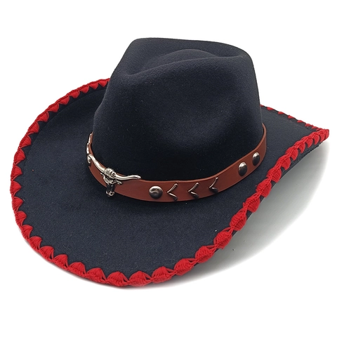 Western Cowboy Hat Cotton Polyester Felt Wide Brim With Bull Head Leather Belt Woven Hem Outdoor Sunshade For Men Women