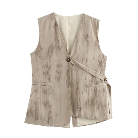 Completi Gilet Senza Maniche E Pantaloni A Gamba Larga Donna Scollo A V Stampa Grana Del Legno Retro Francese Casual
