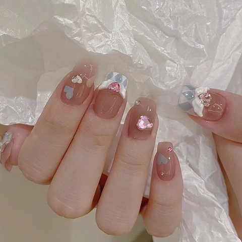 French Style Press On Nails With Pink Heart Rhinestones Blue Plaid Angel Wings Design Long Square Fake Nail Tips