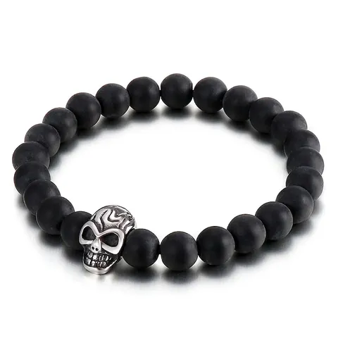 Men Beaded Bracelet With 316L Stainless Steel Skull Charm Matte Black Agate Stones Punk Rock Gothic Style Jewelry