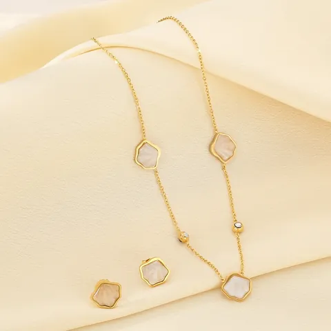 Collana E Orecchini In Acciaio Inossidabile Oro Madreperla Conchiglia Fiore Strass Elegante Donna Catena Clavicola