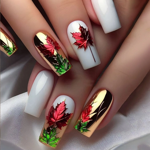 Uñas Postizas Press On Hoja De Arce De Otoño Cuadrado Medio Espejo Oro Blanco Plástico ABS Para Mujeres
