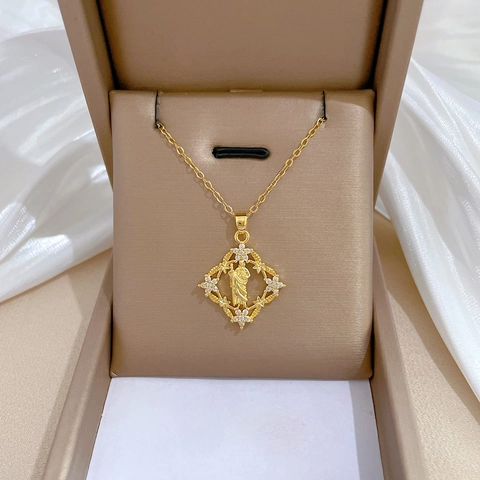 Saint Jude Religious Portrait Rhombus Pendant Necklace Titanium Steel Chain Copper Rhinestone Micro Pave Luxury Jewelry