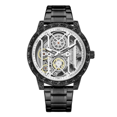 Men Mechanical Watch Skeleton Hollow Dial Engraved Bezel Alloy Metal Strap Casual Business Wristwatch For Men