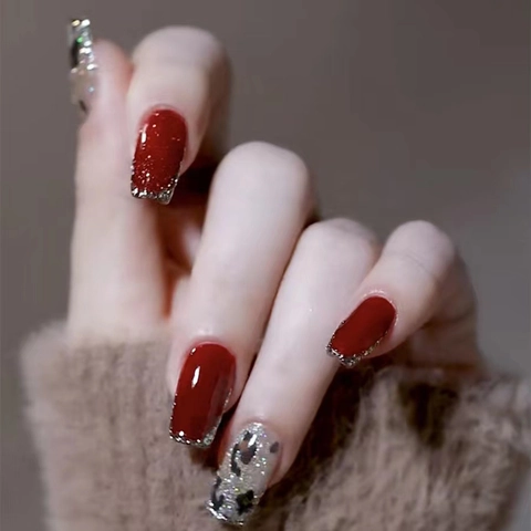 Handmade Press On Nails Elegant Wine Red Leopard Print Silver Glitter Long Square Glossy Fake Nails For Bride Women Party False Nails Kit