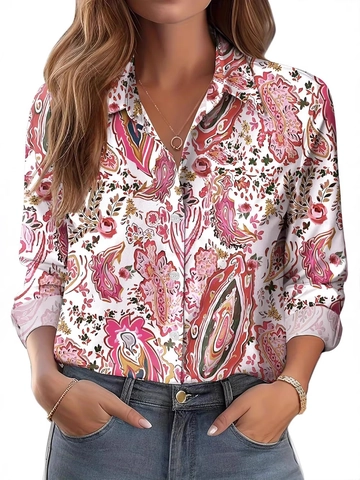 Dames Blouse Met Lange Mouwen Revers Button Down Polyester Bedrukt Casual Elegant Shirt Tops
