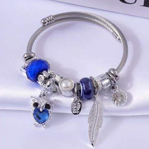 Stainless Steel Wire Beaded Charm Bracelet Owl Feather Heart Pendants Crystal Beads Open Bangle For Women Fashion