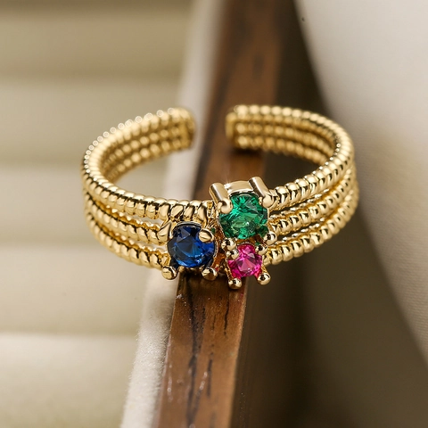 Anello Aperto Geometrico Rame Placcato Oro Zircone Colorato Multistrato Perlato Gioielli Da Dito Regolabili Da Donna