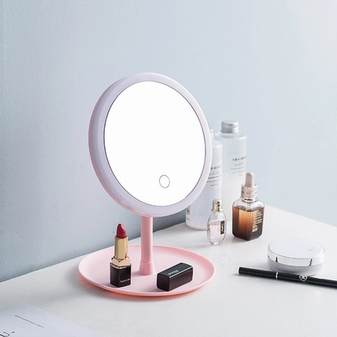 Miroir De Maquillage LED Trois Modes De Couleur Gradation Continue Rechargeable Miroir De Table Commande Tactile Base De Rangement